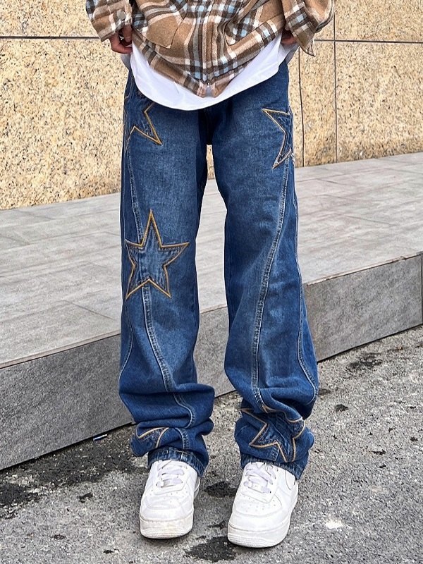 EMMIOL Vaqueros sueltos con estrellas bordadas y lavado vintage para hombre