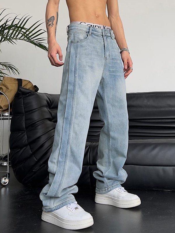 2022 Men's Washed Side Patchwork Loose Jeans Yellow XL In Loose Jeans