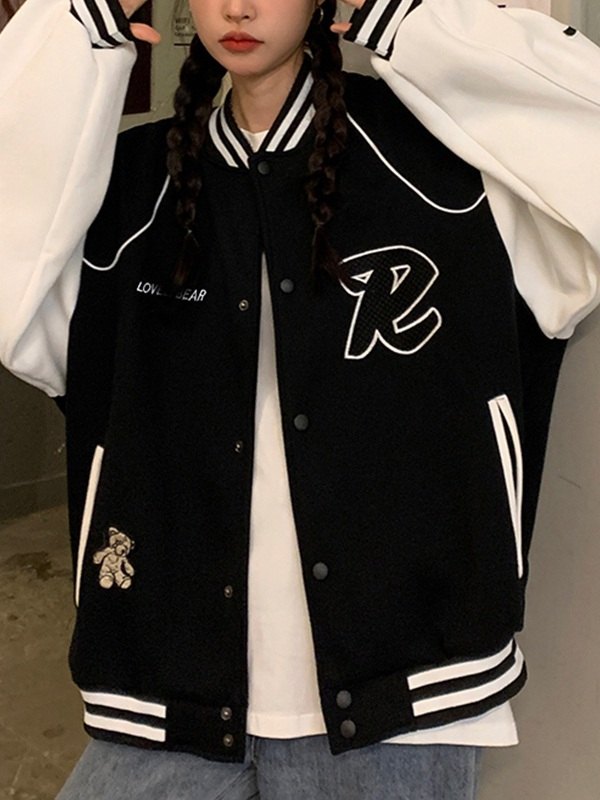 EMMIOL Letter Embroidery Oversized Varsity Jacket