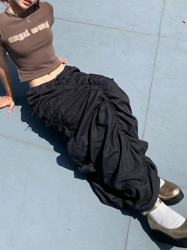 Emmiol Free shipping 2023 Ruched Black Long Cargo Skirt Black M in Maxi Skirts online store