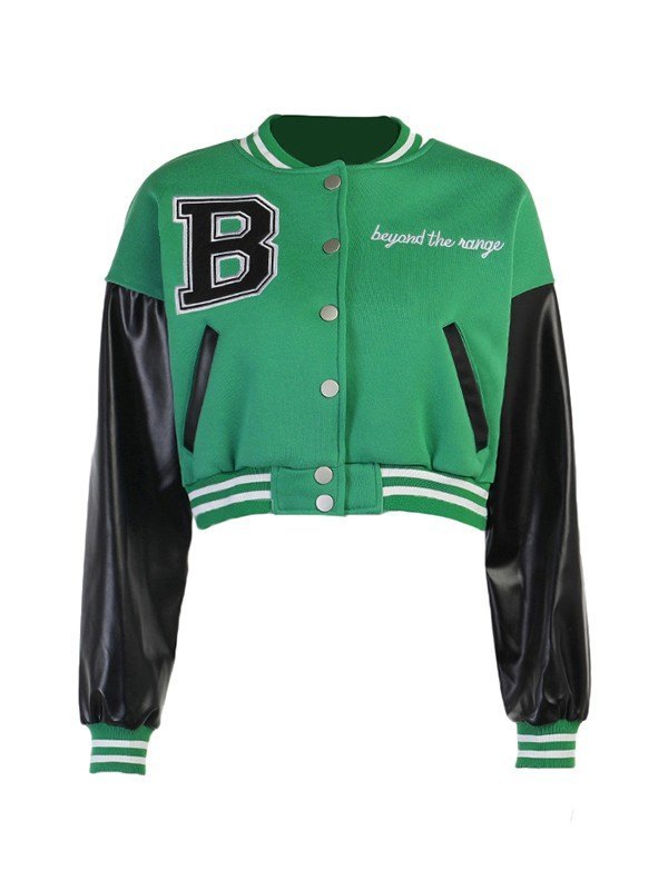 EMMIOL Embroidery Pu Leather Paneled Cropped Varsity Jacket