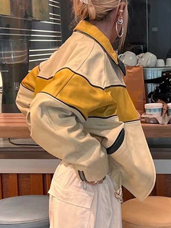 EMMIOL Farbblock-PU-Leder-Moto-Jacke