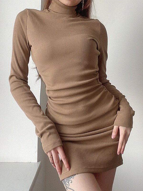 EMMIOL Turtleneck Knitted Long Sleeve Mini Dress