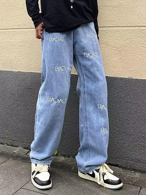 EMMIOL Jeans sueltos bordados con letras lavadas para hombre