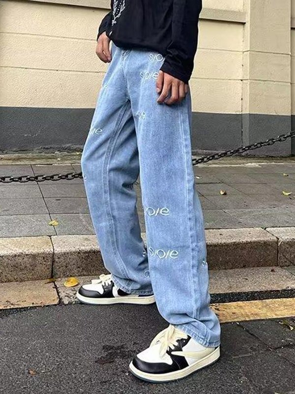 EMMIOL Jeans sueltos bordados con letras lavadas para hombre