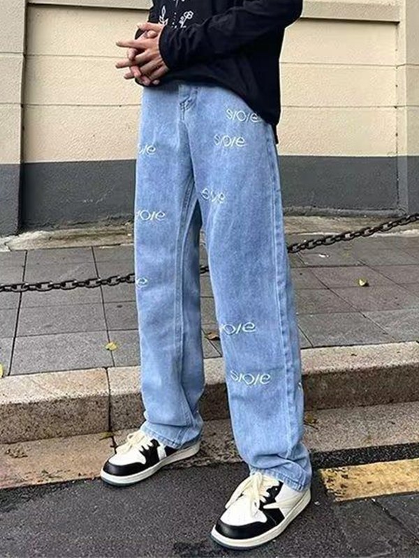 EMMIOL Jeans sueltos bordados con letras lavadas para hombre