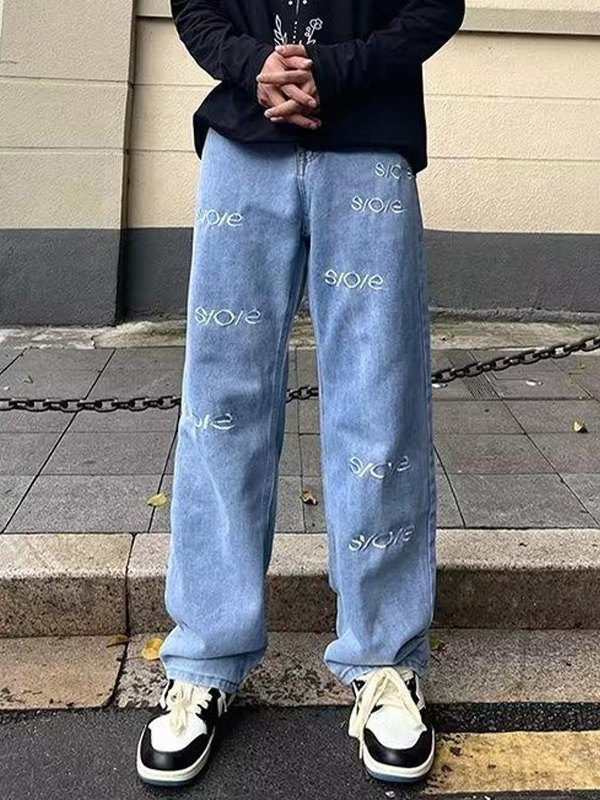 EMMIOL Jeans sueltos bordados con letras lavadas para hombre