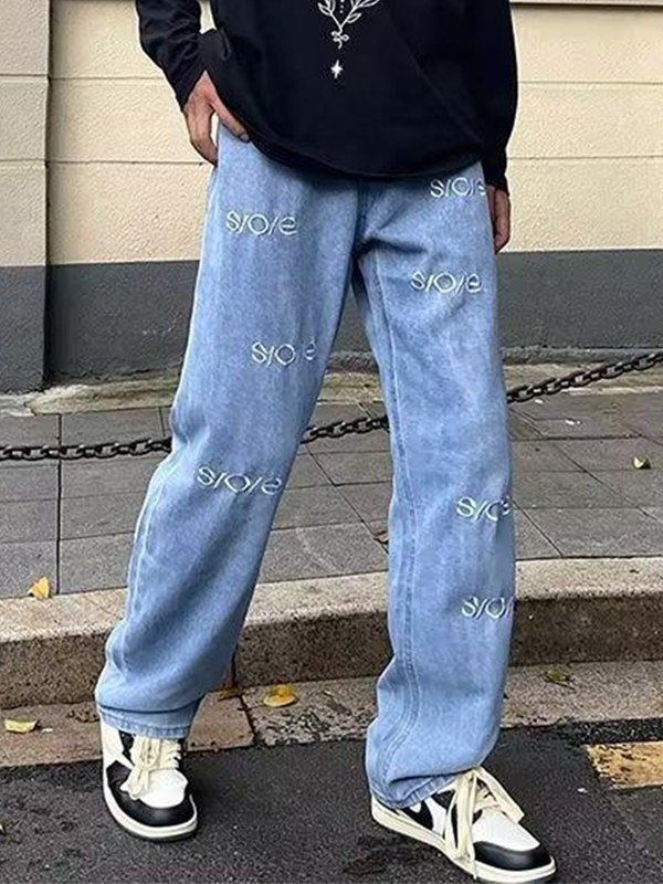EMMIOL Jeans sueltos bordados con letras lavadas para hombre