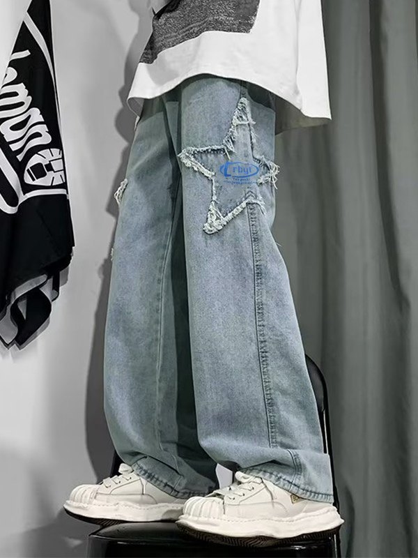 2022 Men's Distressed Star Embroidered Loose Jeans Blue XL In Loose