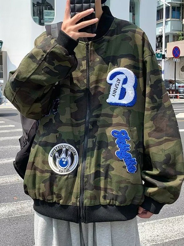 Emmiol Free shipping 2024 Men's Embroidered Green Camo Varsity Jacket