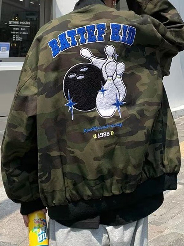 Emmiol Free shipping 2024 Men's Embroidered Green Camo Varsity Jacket