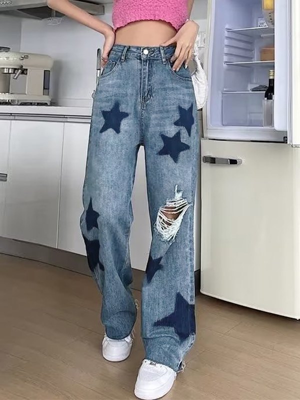 EMMIOL Star Print Distressed Ripped Jeans