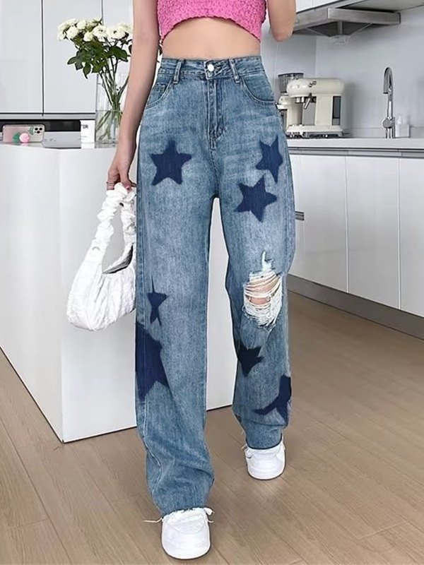 EMMIOL Star Print Distressed Ripped Jeans