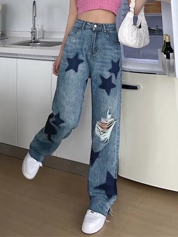EMMIOL Star Print Distressed Ripped Jeans