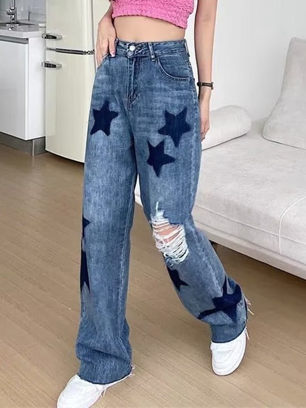 EMMIOL Star Print Distressed Ripped Jeans