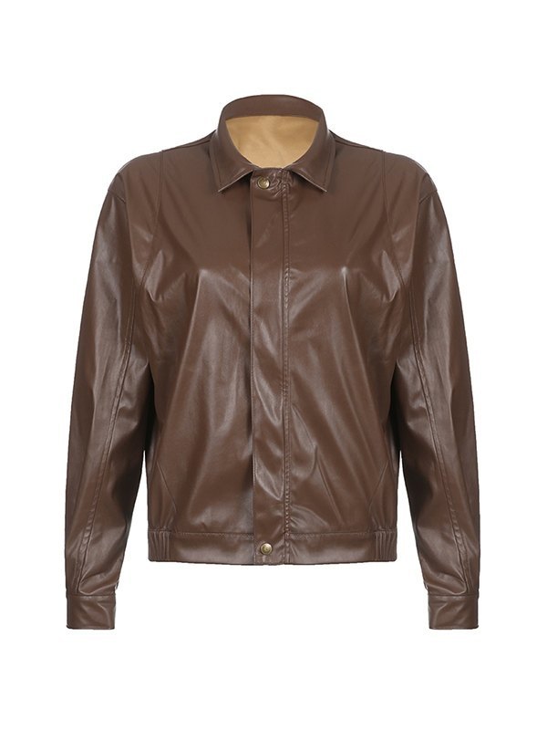 EMMIOL Zip Up Brown Pu Leather Jacket