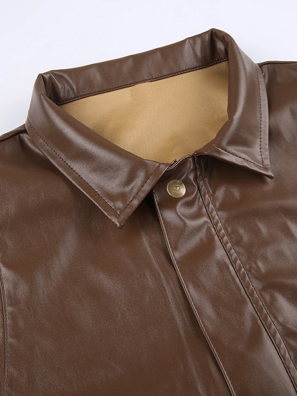 Brown PU Leather Jacket With Front Button Up And Flap Detailing