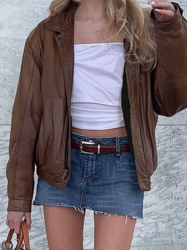 EMMIOL Zip Up Brown Pu Leather Jacket