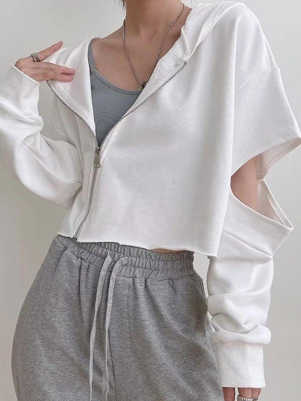 EMMIOL Cutout Zip Up Cropped Hoodie