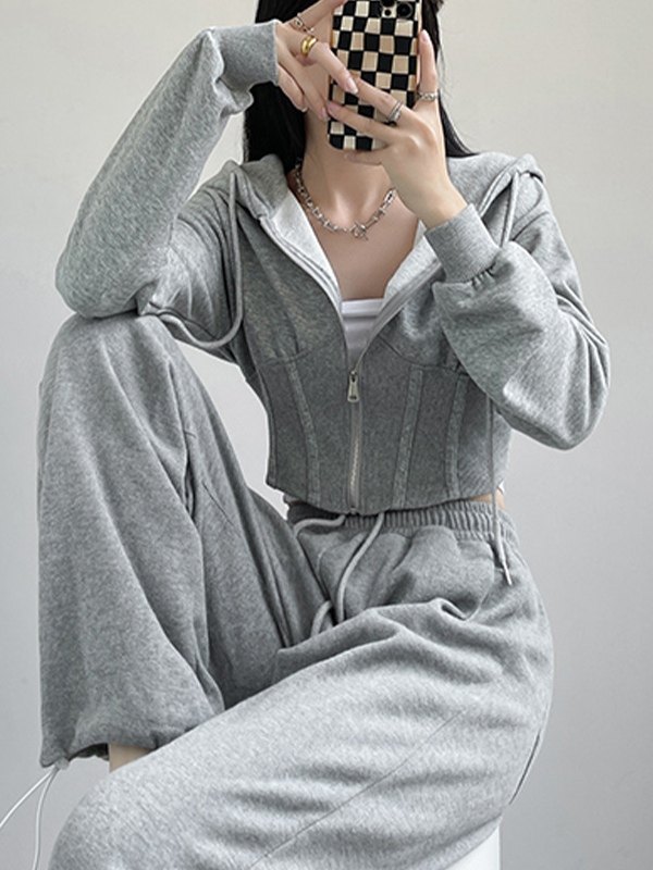 EMMIOL Corset Design Zip Up Cropped Hoodie