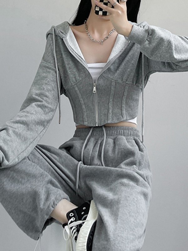 EMMIOL Corset Design Zip Up Cropped Hoodie