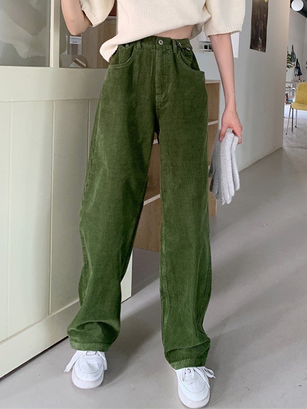 EMMIOL Buttoned Corduroy Straight Leg Pants