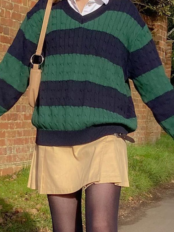 EMMIOL Cable Knit V Neck Striped Sweater