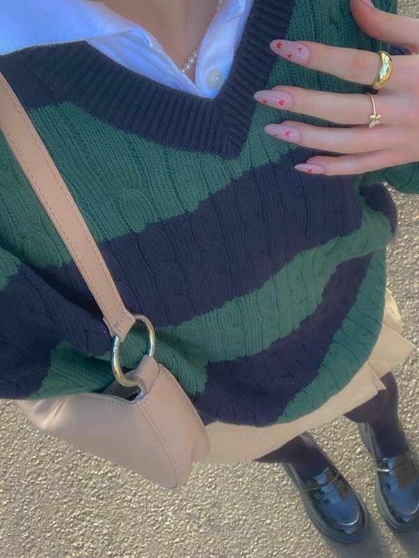 EMMIOL Cable Knit V Neck Striped Sweater