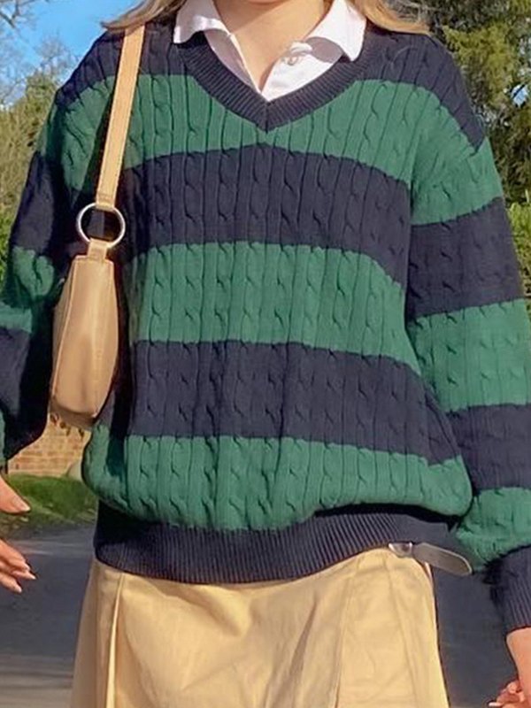 EMMIOL Cable Knit V Neck Striped Sweater