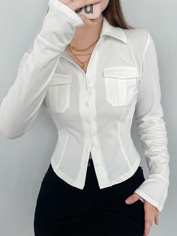 EMMIOL Blusa blanca de manga larga con botones y bolsillo