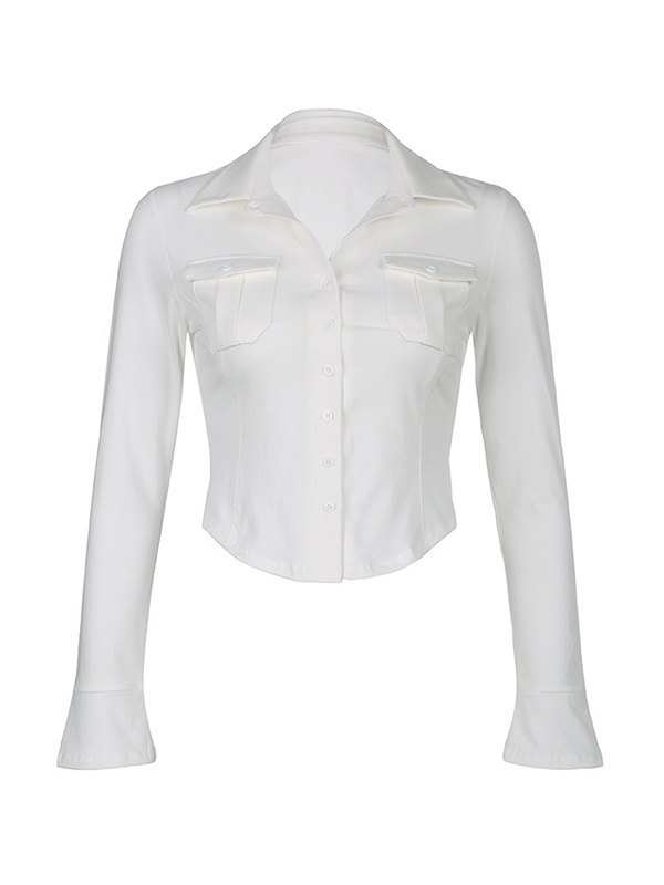 EMMIOL Blusa blanca de manga larga con botones y bolsillo