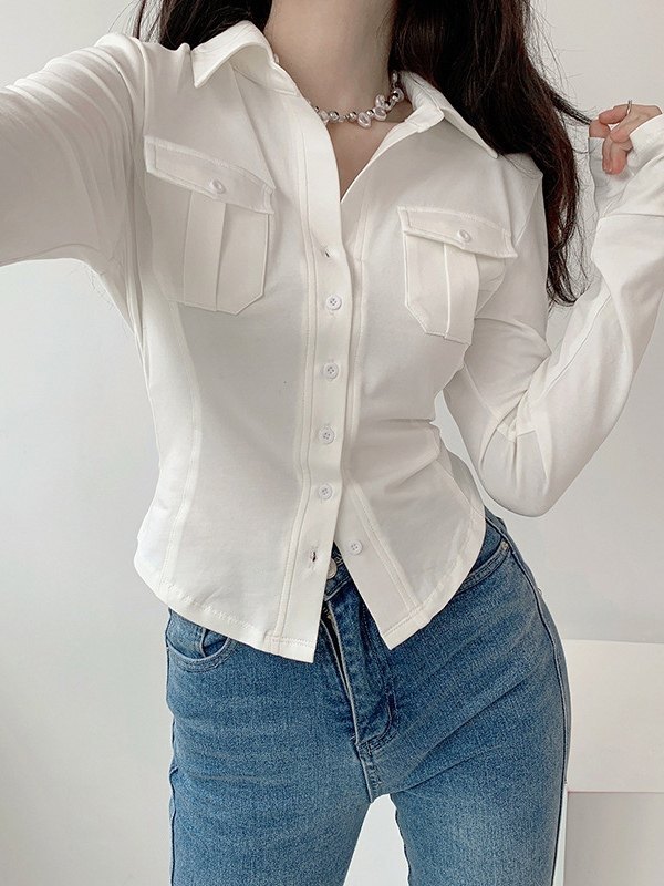 EMMIOL Blusa blanca de manga larga con botones y bolsillo