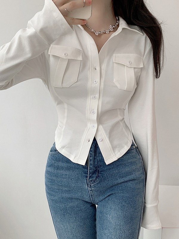 EMMIOL Blusa blanca de manga larga con botones y bolsillo