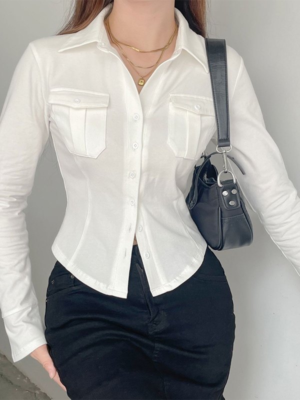 EMMIOL Blusa blanca de manga larga con botones y bolsillo