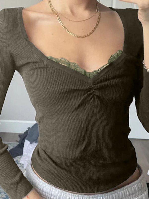 Emmiol Free shipping 2023 Lace Trim Black Long Sleeve Knit Top Green M