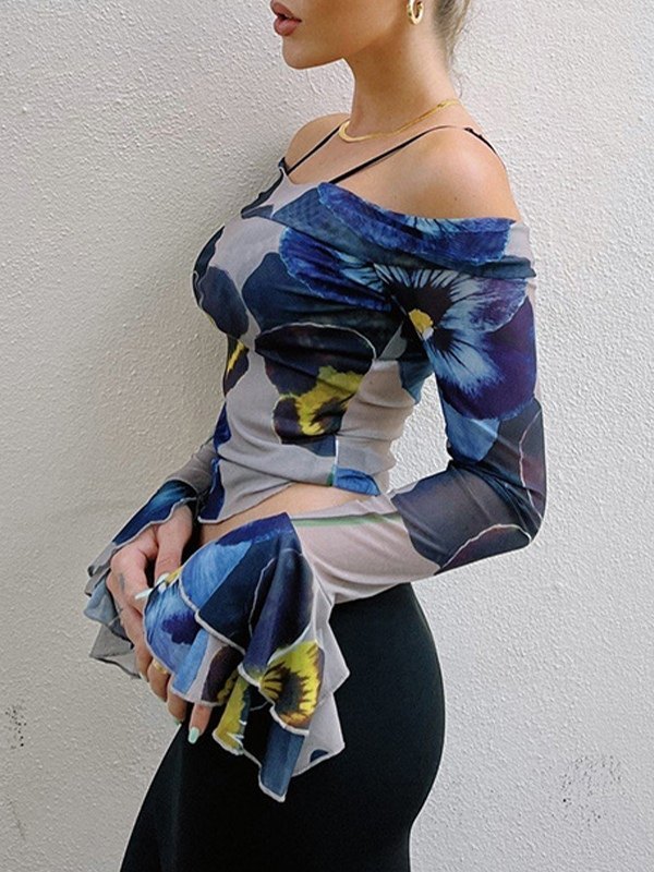 EMMIOL Blusa de malla floral con hombros descubiertos y manga larga