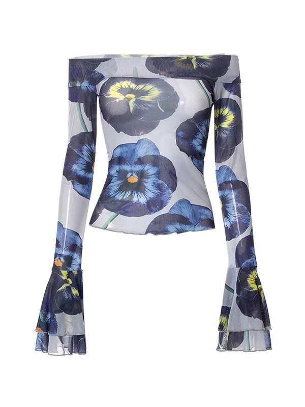 EMMIOL Blusa de malla floral con hombros descubiertos y manga larga