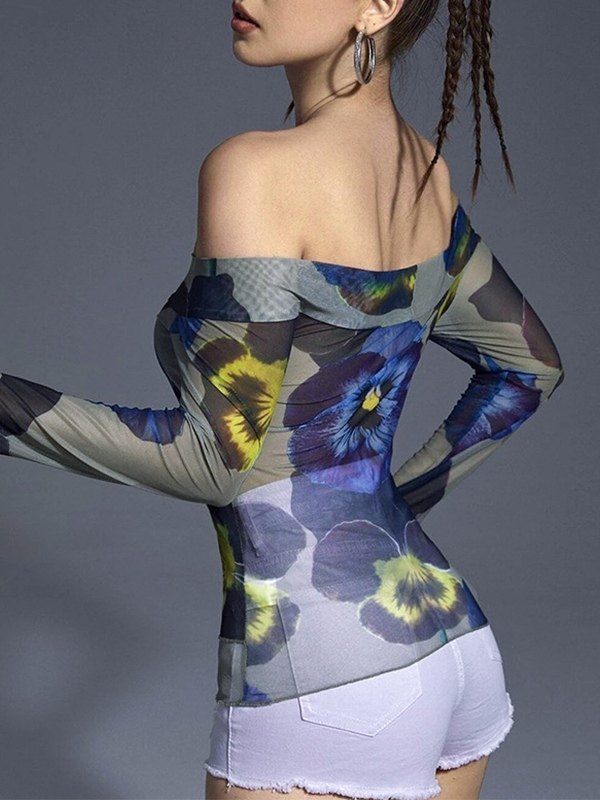 EMMIOL Blusa de malla floral con hombros descubiertos y manga larga