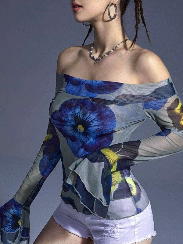 EMMIOL Blusa de malla floral con hombros descubiertos y manga larga