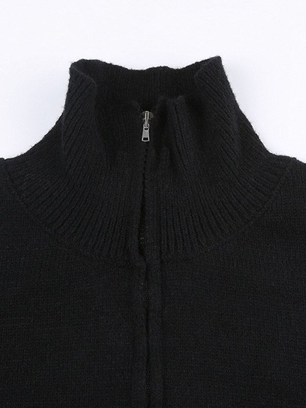 Emmiol Free shipping 2023 High Neck Zip Up Black Cardigan Black L in Cardigan online store. EMMIOL