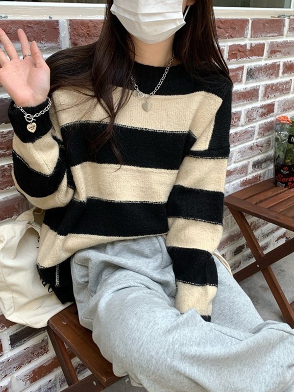EMMIOL Vintage Contrast Striped Crew Neck Sweater