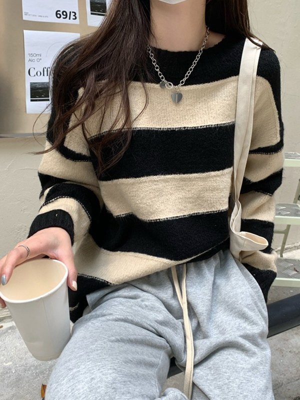 EMMIOL Vintage Contrast Striped Crew Neck Sweater