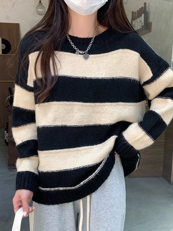EMMIOL Vintage Contrast Striped Crew Neck Sweater
