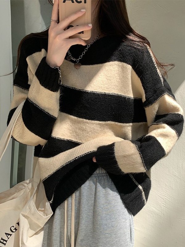 EMMIOL Vintage Contrast Striped Crew Neck Sweater