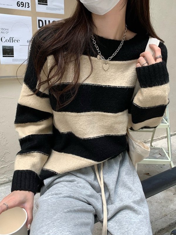 EMMIOL Vintage Contrast Striped Crew Neck Sweater