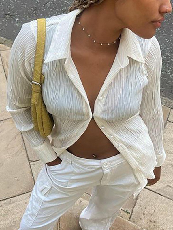 EMMIOL Blusa Blanca Manga Larga Crepe
