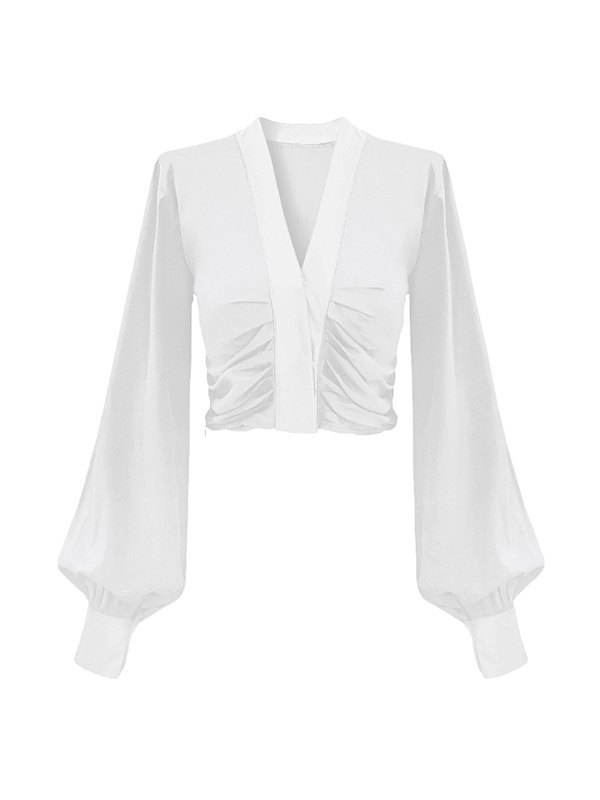 EMMIOL Blusa de manga larga fruncida con cuello en V