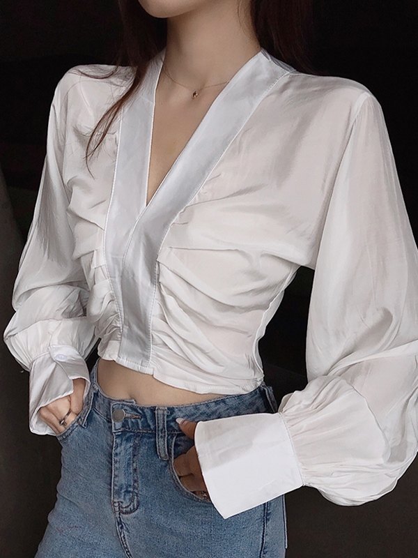 EMMIOL Blusa de manga larga fruncida con cuello en V