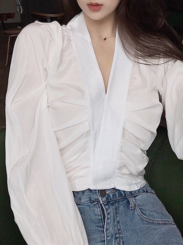 EMMIOL Blusa de manga larga fruncida con cuello en V