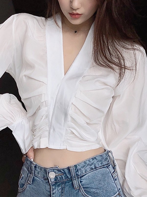 EMMIOL Blusa de manga larga fruncida con cuello en V